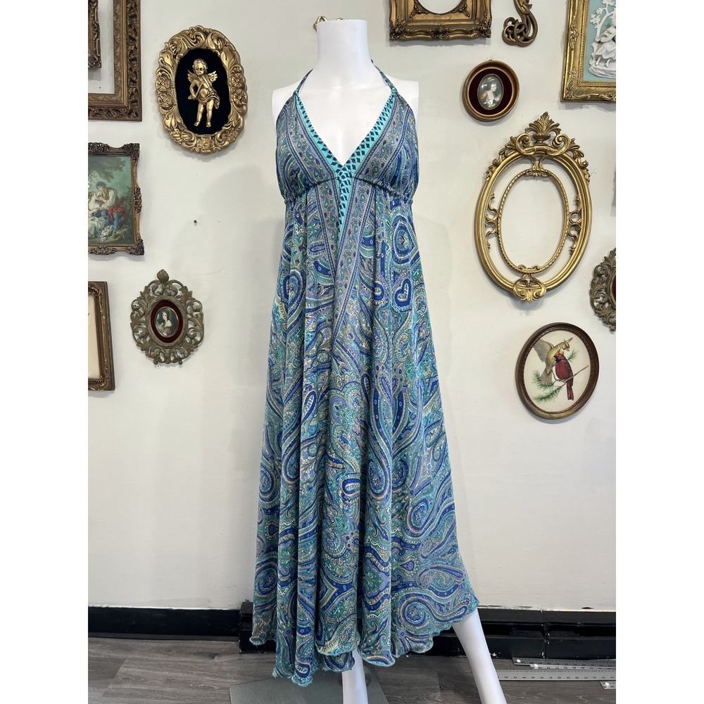 Bohemian Blue Green Paisley Silk Blend Halter Tassel Maxi Dress Size S